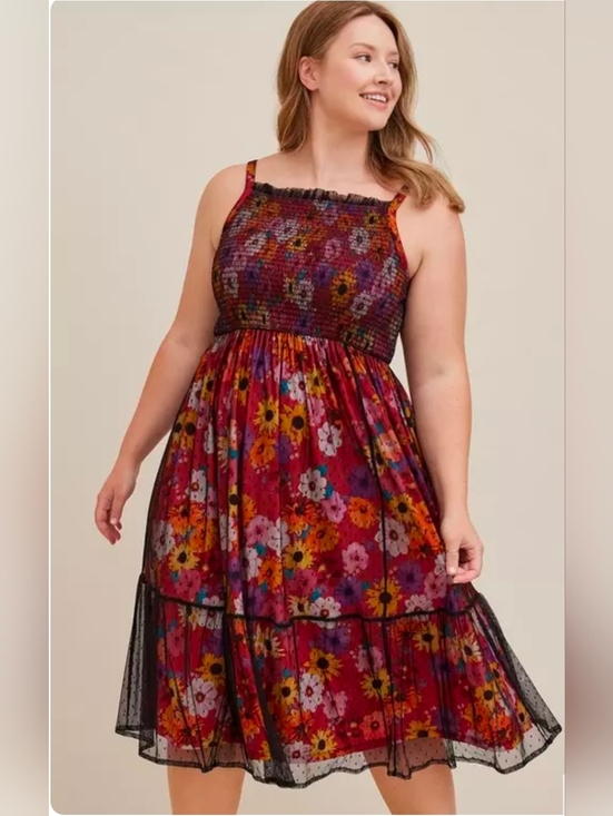 torrid Dresses & Skirts - Torrid Smocked Tiered Midi Dress - Swiss Dot Mesh Floral Red 1X